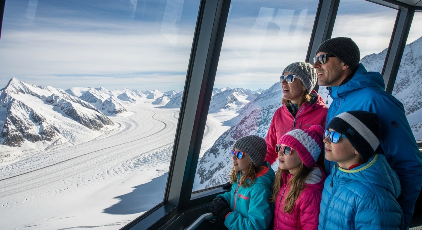 A family using their Swiss Family Card discount for the Jungfraujoch attraction, one of the top benefits.