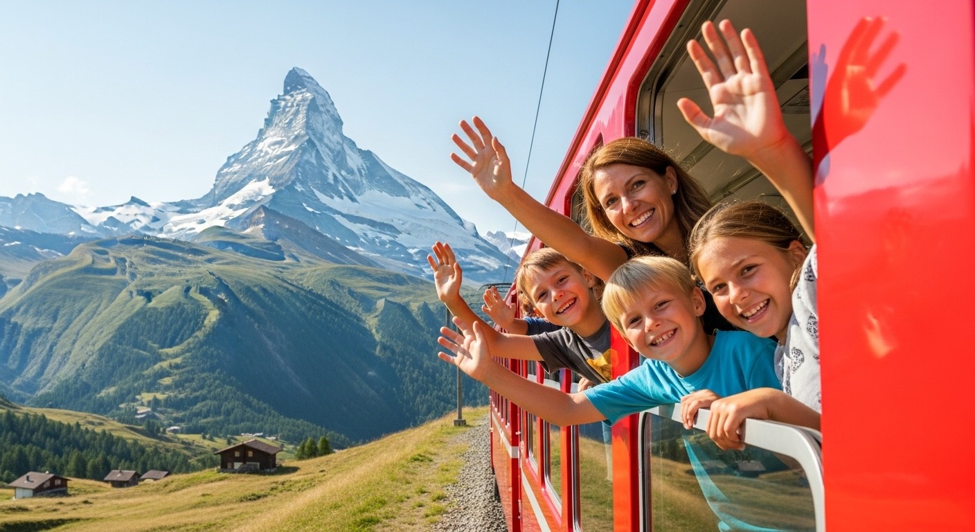 A family enjoying the Swiss Family Card benefits at an attraction like the Gornergrat railway near the Matterhorn.