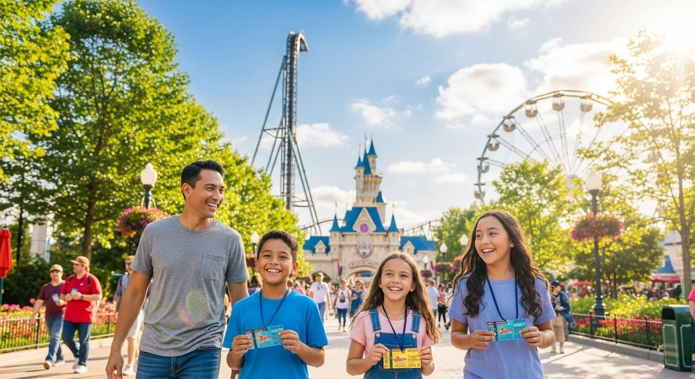 Here are a couple of options, balancing descriptive detail with SEO optimization: **Option 1 (More Descriptive):** Happy family with two kids cheering on a vibrant theme park ride in Canada, enjoying the benefits of the **best family theme park season pass Canada 2025**. **Option 2 (More Concise):** Smiling family laughing on a thrilling theme park ride, showcasing the fun of the **best family theme park season pass Canada 2025**.