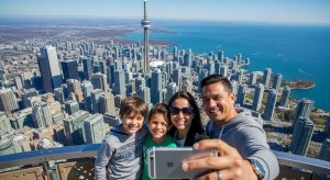 A family enjoying Toronto family attraction discounts with a view from the CN Tower.