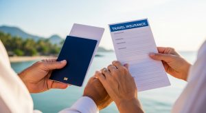 A senior couple reviewing their travel insurance for senior citizens with pre-existing conditions before a trip.