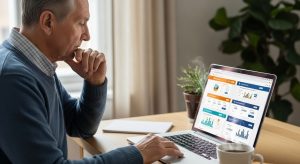 A senior man researching and comparing travel insurance for senior citizens with pre-existing conditions on his laptop.