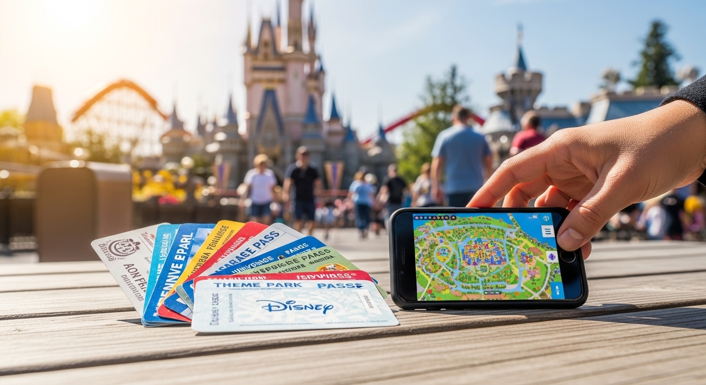 Excited family entering a vibrant theme park, ready to maximize fun and savings with their theme park passes.