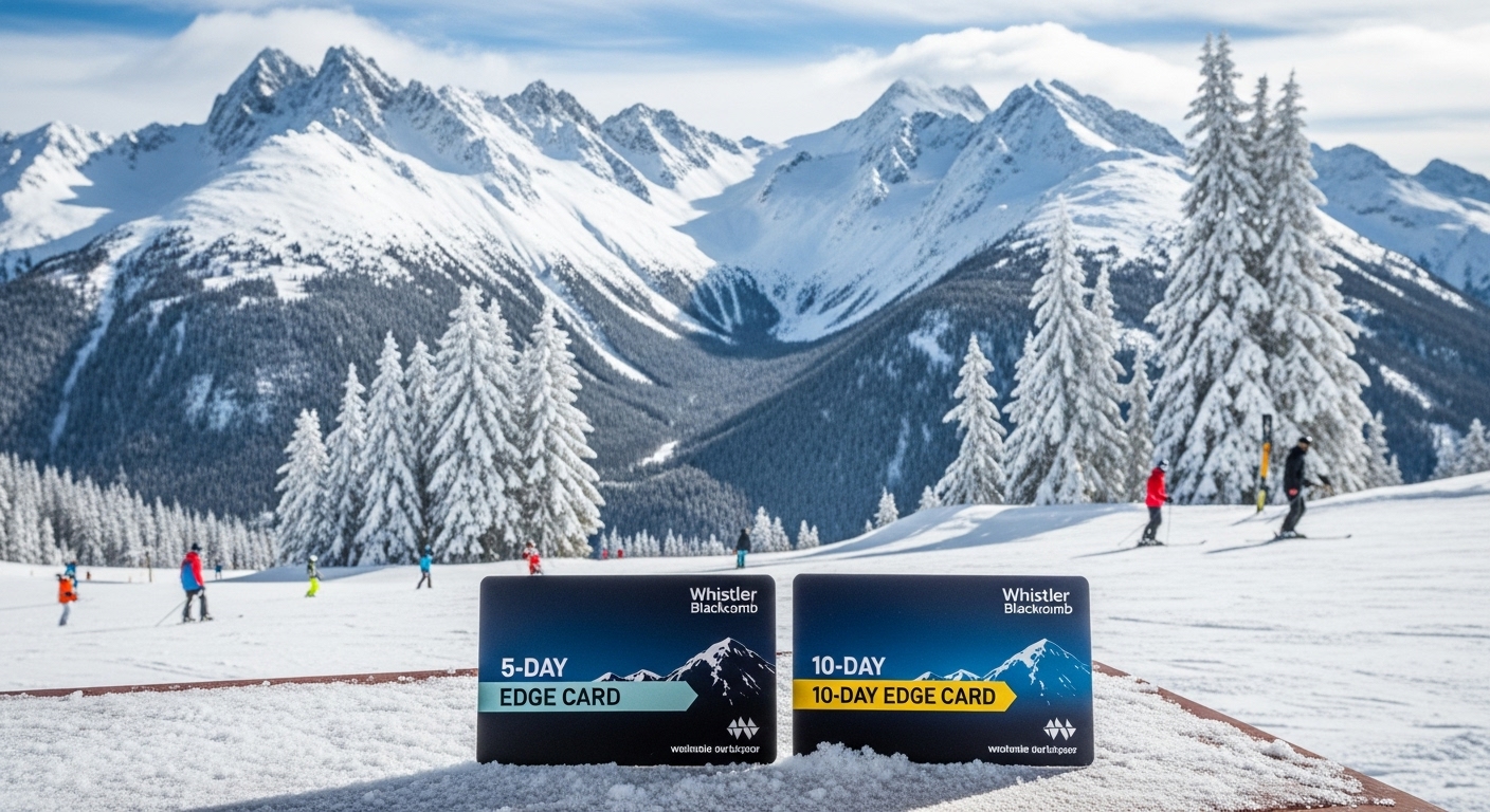 Whistler Blackcomb mountain view with skiers, illustrating the choice between a 5-Day vs 10-Day Edge Card.