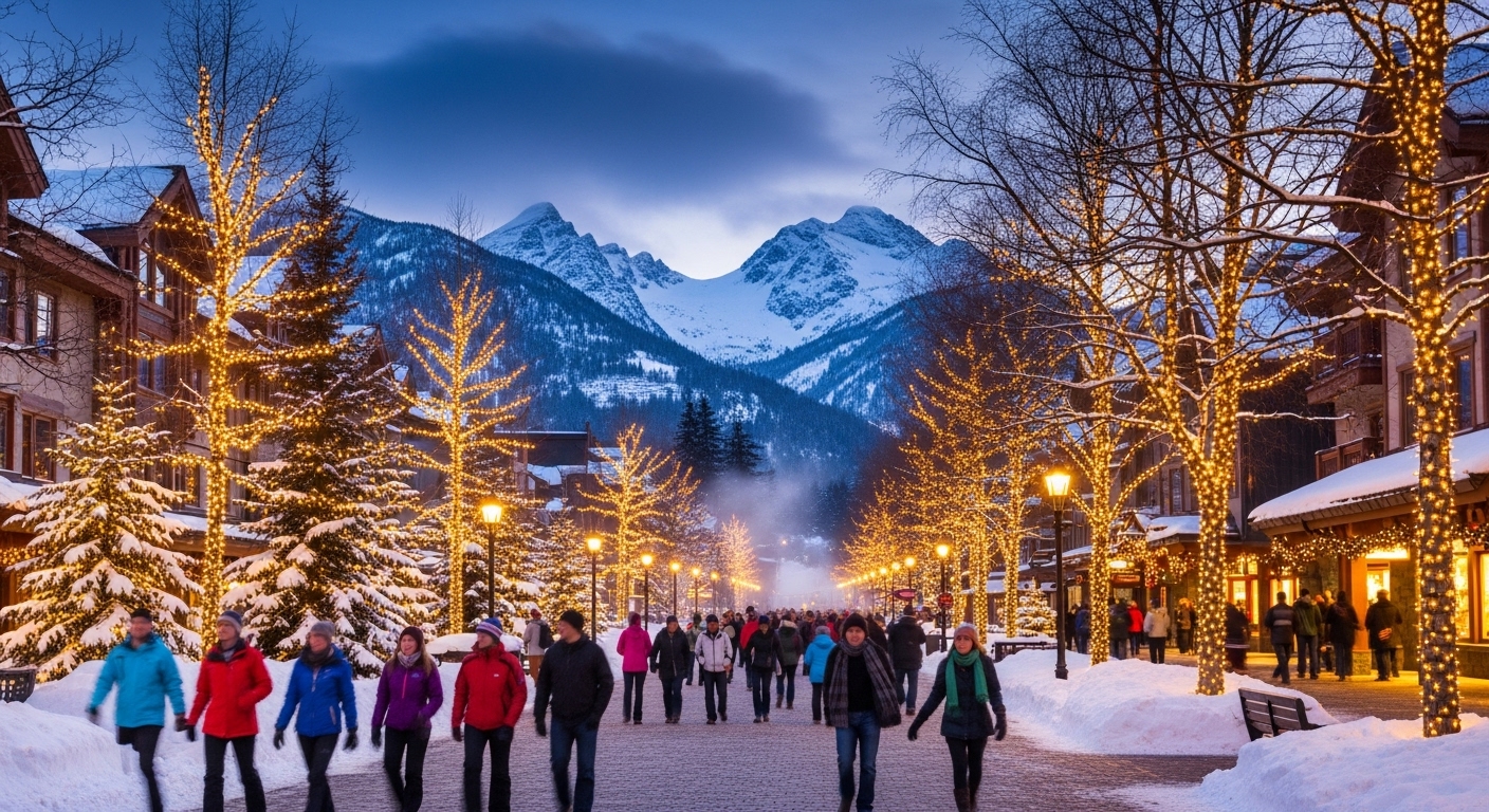 'Whistler Village stroll, the central hub for skiers using their 5 vs 10 day Edge Card.'