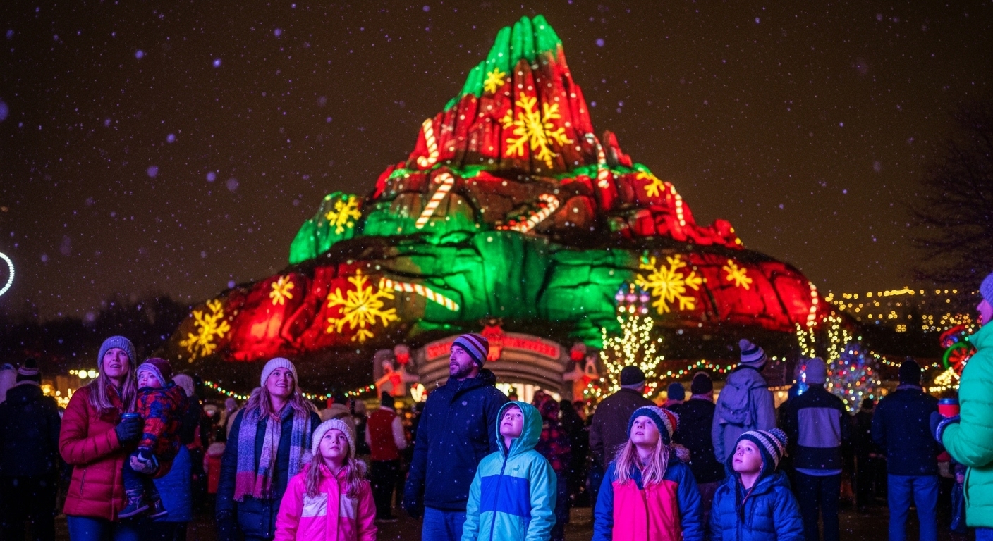 A family enjoys the festive lights at WinterFest, comparing the value of a season pass vs single day ticket.