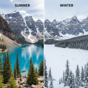 Moraine Lake summer turquoise water vs winter snow coverage 2026]