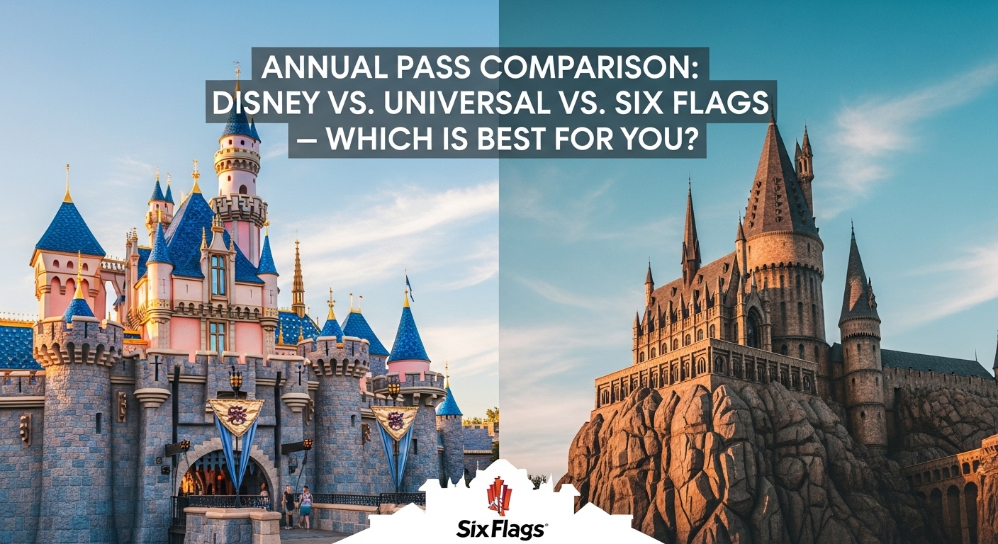 Collage of iconic imagery from Walt Disney World, Universal Studios, and Six Flags theme parks, representing an **Annual Pass Comparison: Disney vs. Universal vs. Six Flags** to help you choose the best pass.