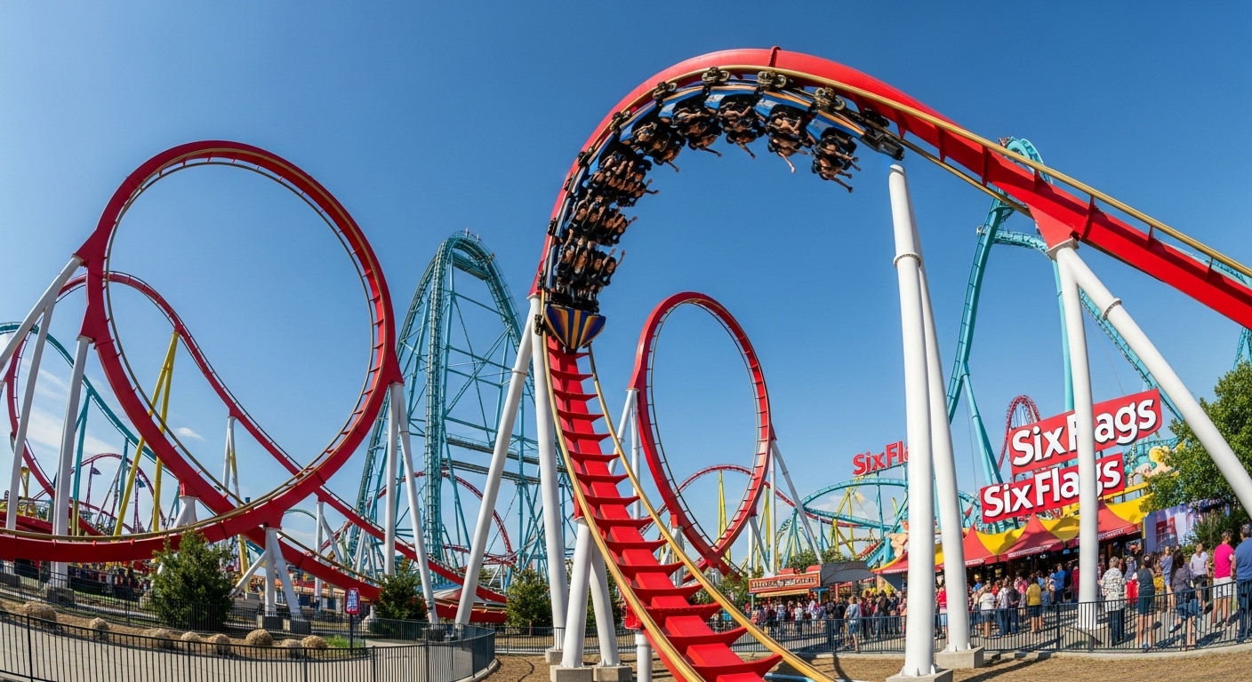 'A Six Flags roller coaster, a key part of this Annual Pass Comparison: Disney vs. Universal vs. Six Flags for thrill-seekers.'