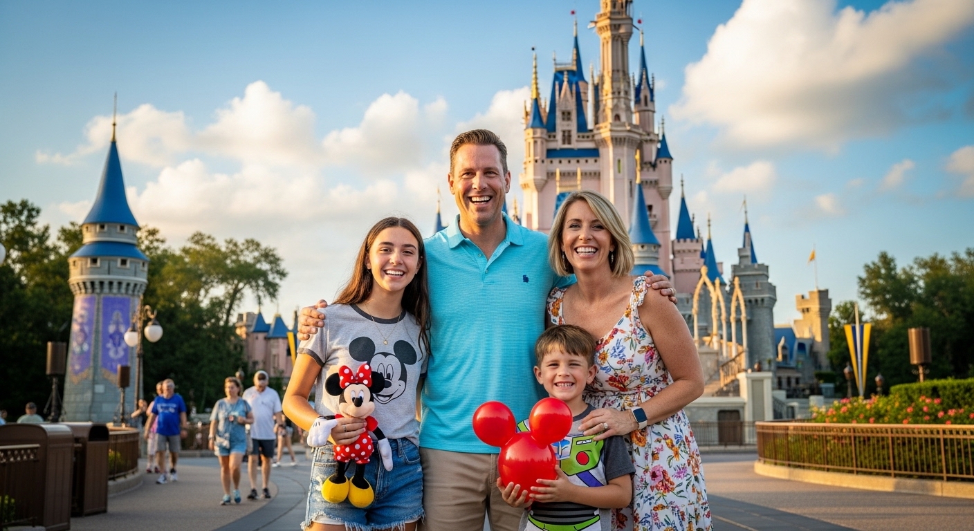 'A family enjoys their vacation, showcasing the value in this Annual Pass Comparison: Disney vs. Universal vs. Six Flags.'