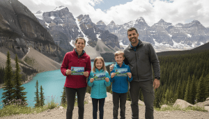 Family showing their Banff National Park Pass Family Discovery Pass at Lake Minnewanka.