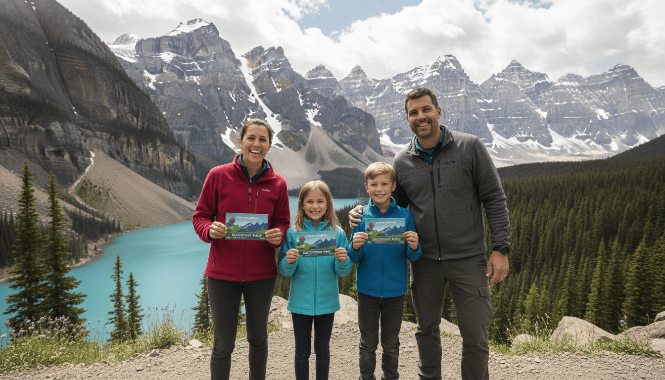 Family showing their Banff National Park Pass Family Discovery Pass at Lake Minnewanka.