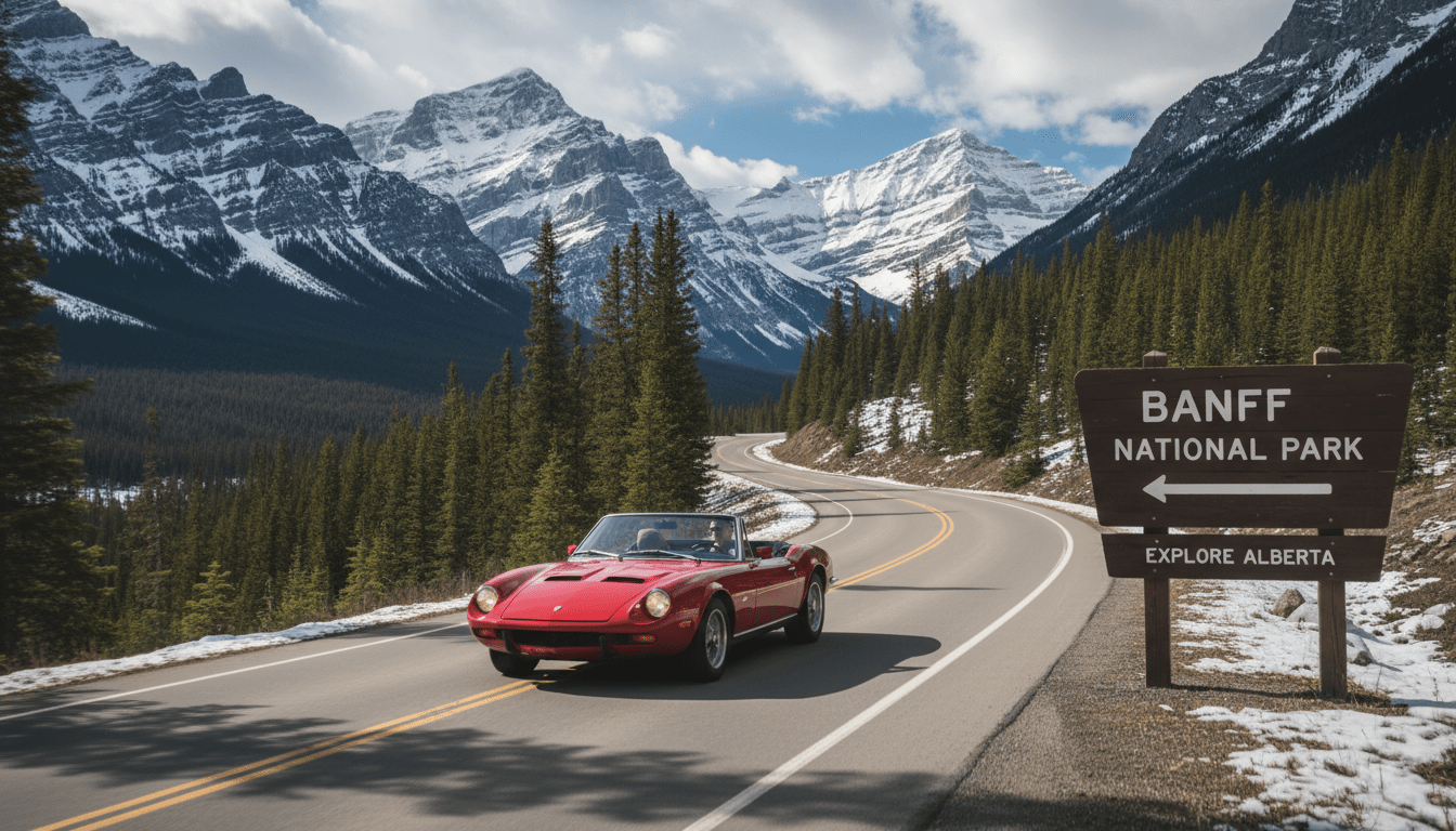 A car with a Banff National Park pass on its dashboard driving on the Icefields Parkway.