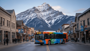 A Roam Transit bus helping travelers get around Banff on a budget.