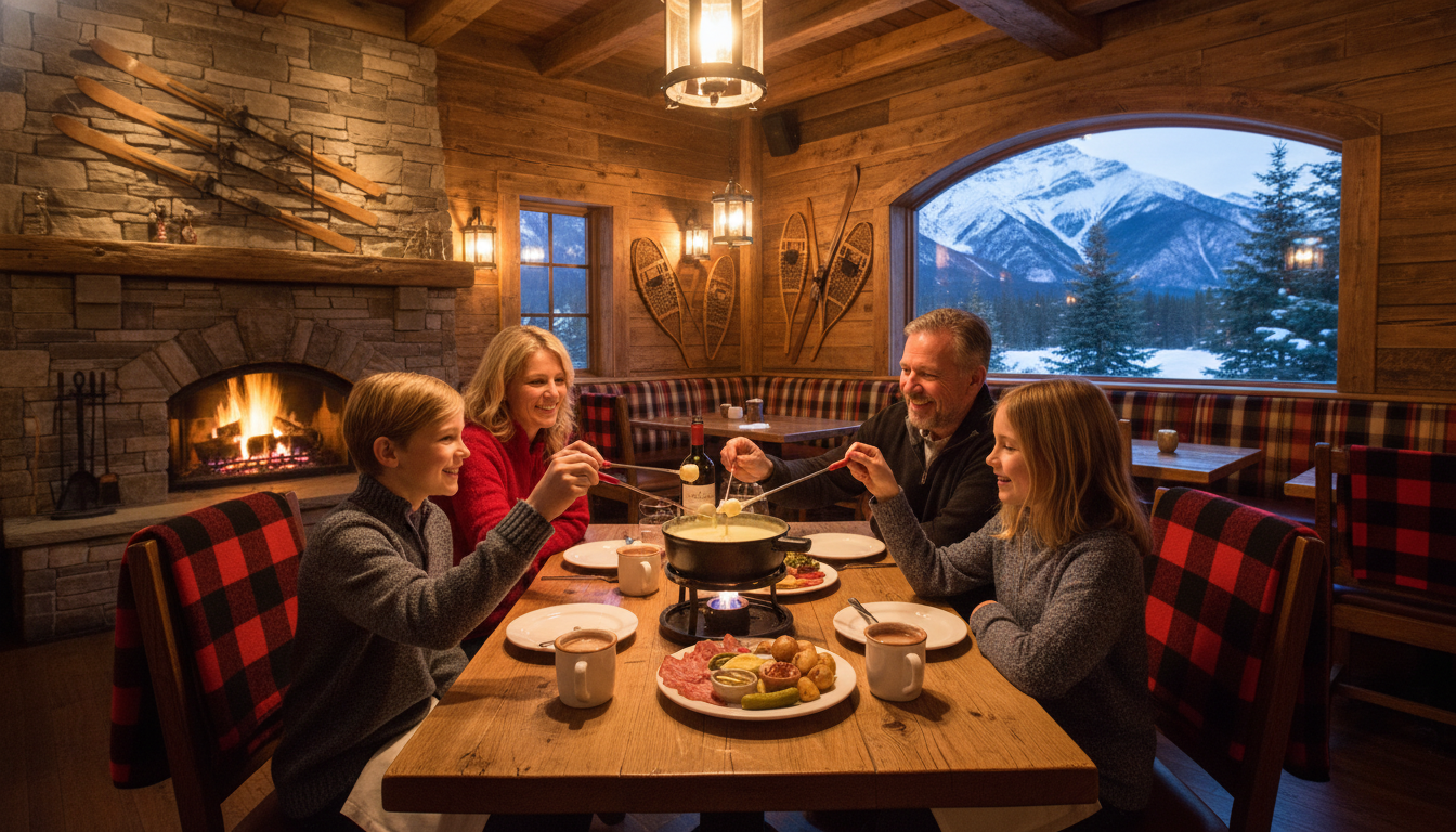 Family dining Banff ski trip fondue