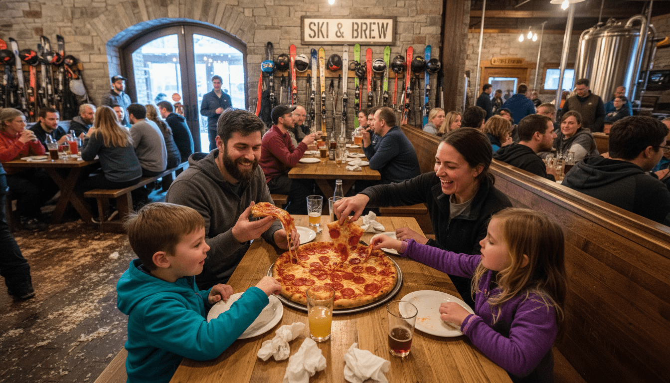 Family dining at Three Bears Brewery Banff after skiing