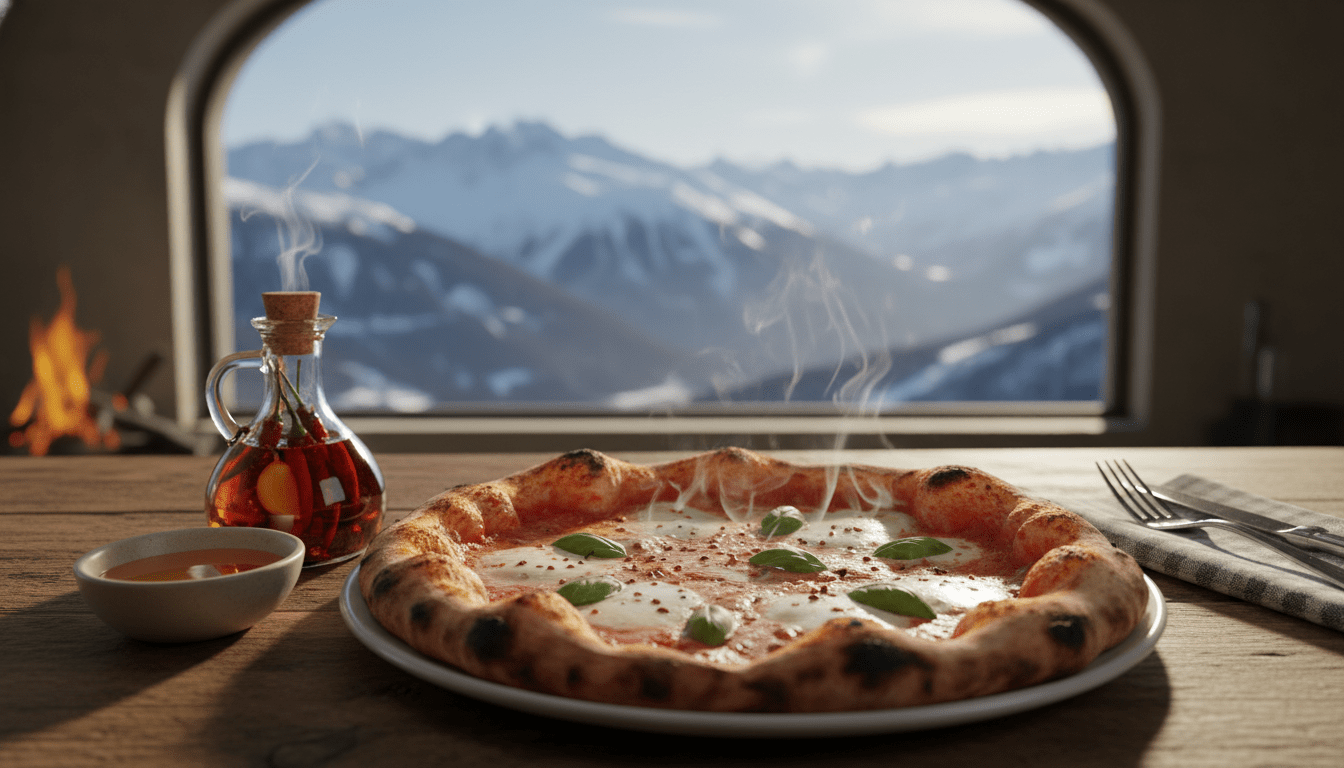 Wood-fired pizza at Bear Street Tavern Banff with honey and chili oil