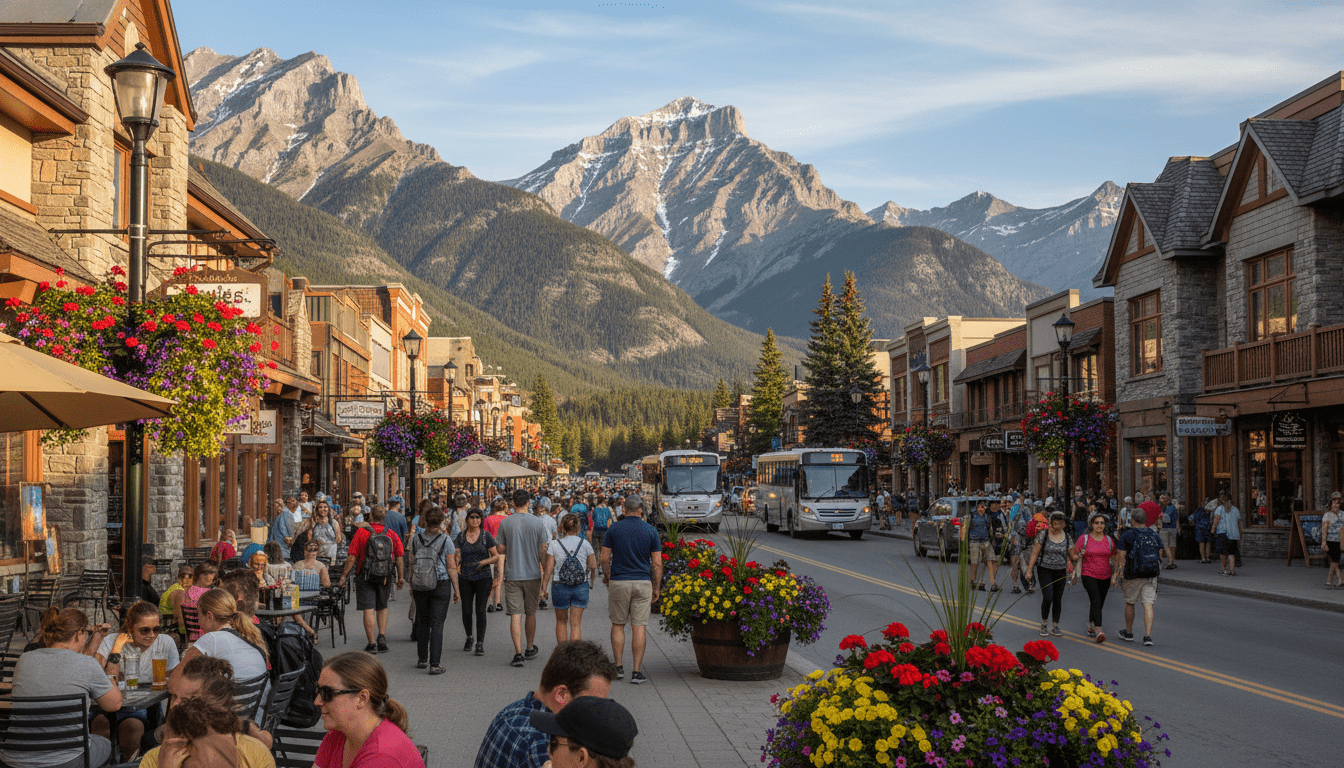 Banff Avenue crowds during summer 2026 Canada Strong Pass season