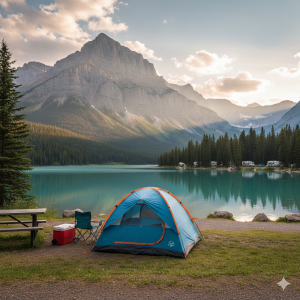 Tent set up at Two Jack Lakeside campground with the lake and Mount Rundle in the background | alt: Camping in Banff on a budget at Two Jack Lakeside.