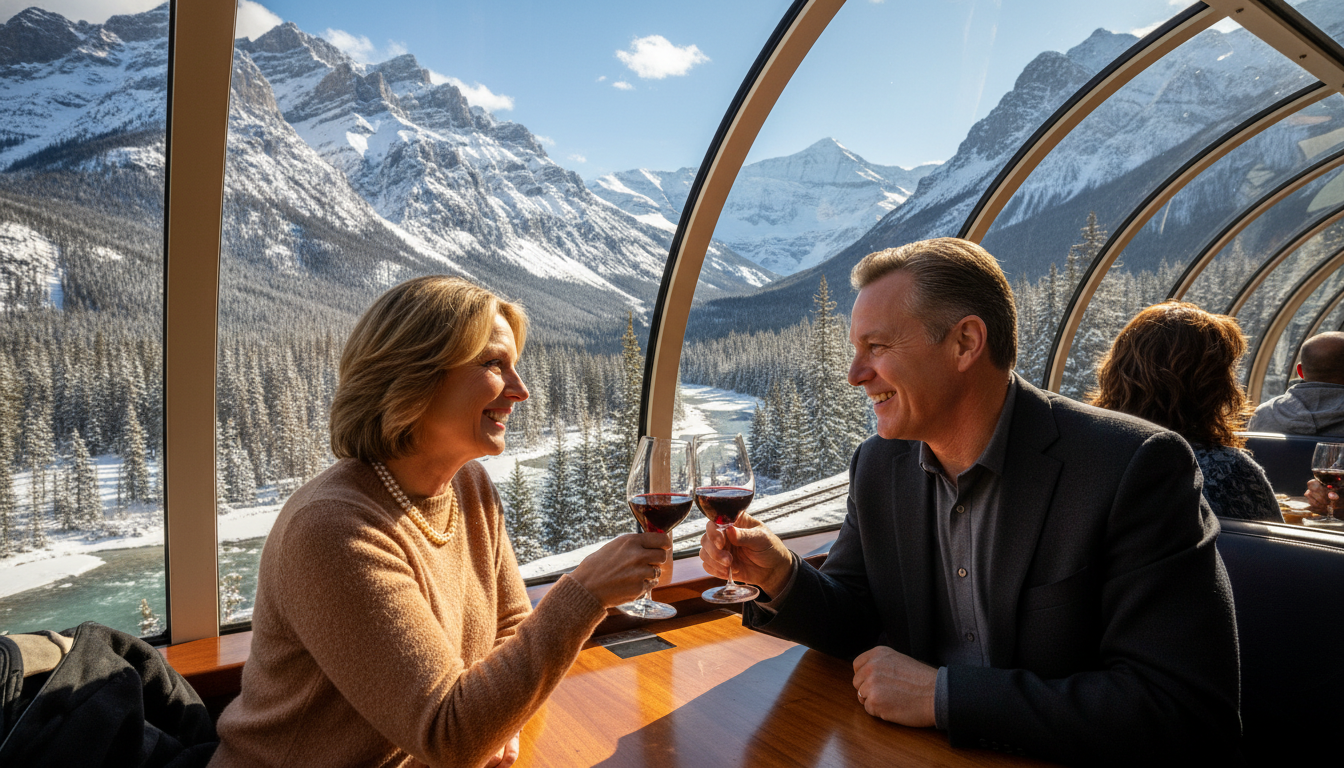 A couple enjoys the panoramic views from the Rocky Mountaineer GoldLeaf service, a key feature in the GoldLeaf vs SilverLeaf comparison.