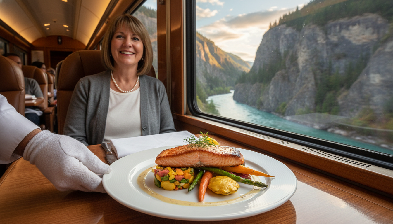 A guest receives a gourmet meal in Rocky Mountaineer SilverLeaf, highlighting the at-seat dining experience.