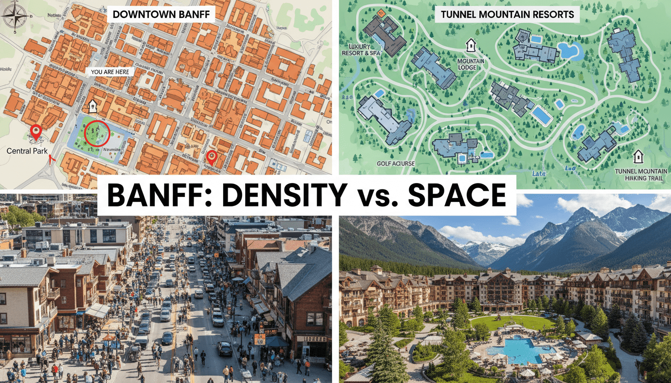 Map of Banff showing hotel locations on Tunnel Mountain versus Banff Avenue