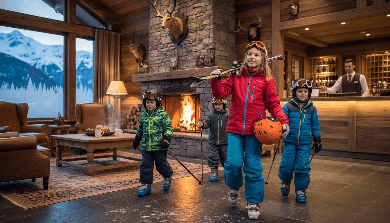 Family entering kid friendly Banff hotel lobby with ski gear in winter
