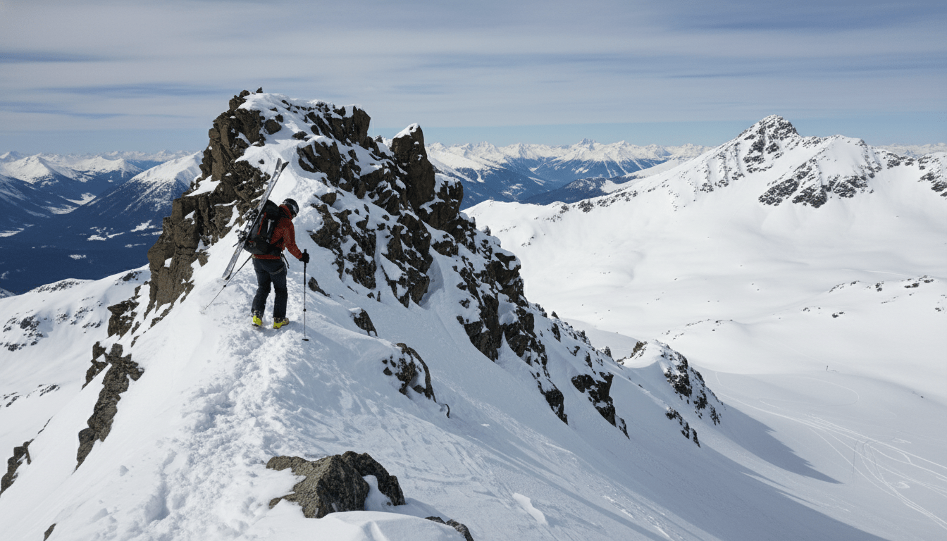 An expert skier on the Spanky's Ladder bootpack, accessing advanced snowboarding and skiing terrain at Whistler Blackcomb.