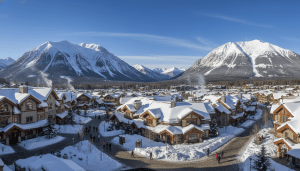 A stunning winter view of the Whistler guide showing Whistler Village and Whistler Blackcomb mountain.