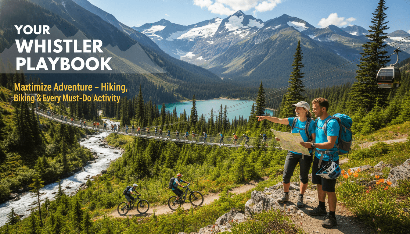 Panoramic summer view of Whistler Blackcomb mountains, lush green valleys, and adventure seekers hiking and mountain biking, embodying Beyond the Snow: Ultimate Summer Adventures in Whistler (Hiking, Biking & More).