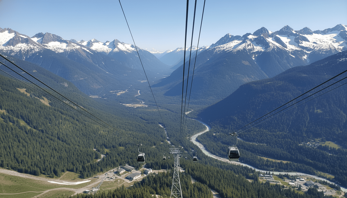 A breathtaking view of the Whistler valley and mountains from the Peak 2 Peak Gondola, a top thing to do in Whistler summer.