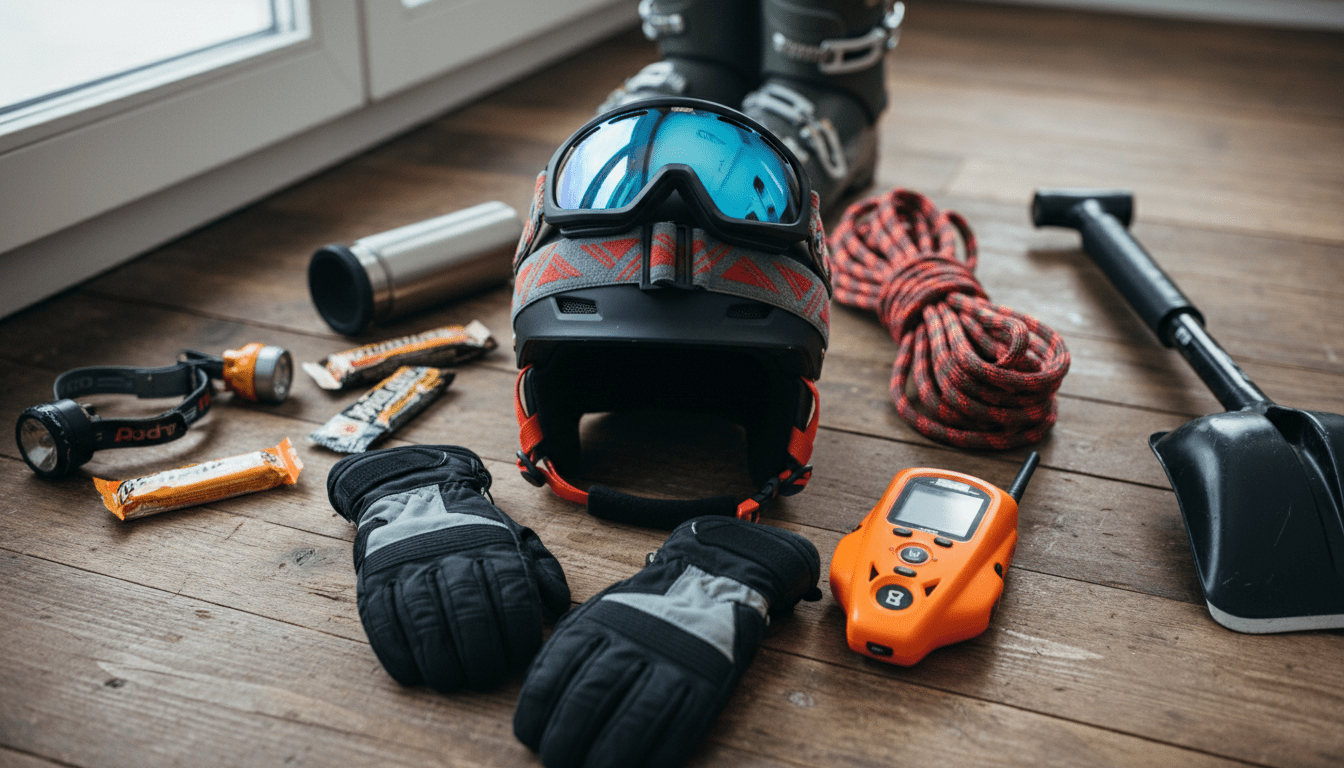 Flat lay of essential ski safety gear for Whistler tree skiing