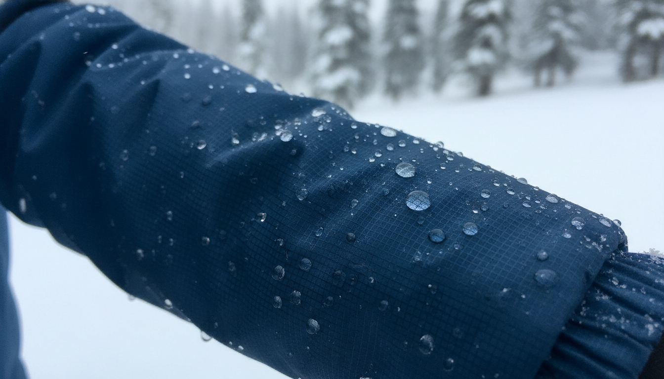 Water beading on 3-layer Gore-Tex ski shell jacket