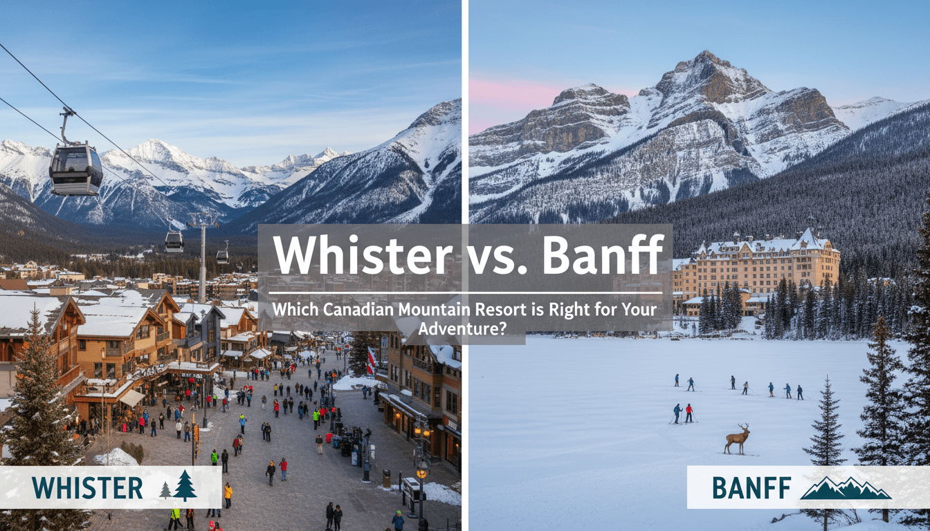 Scenic mountain views and ski slopes from Whistler and Banff, visually representing the comparison in "Whistler vs. Banff: Which Canadian Mountain Resort is Right for Your Adventure?".