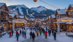 The vibrant Whistler village at dusk, a key difference in the Whistler vs Banff comparison.
