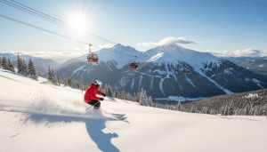 A skier enjoying powder at Whistler Blackcomb, a highlight of skiing in Canada.