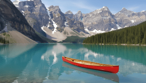 A canoe on Moraine Lake, highlighting summer activities in Banff National Park.