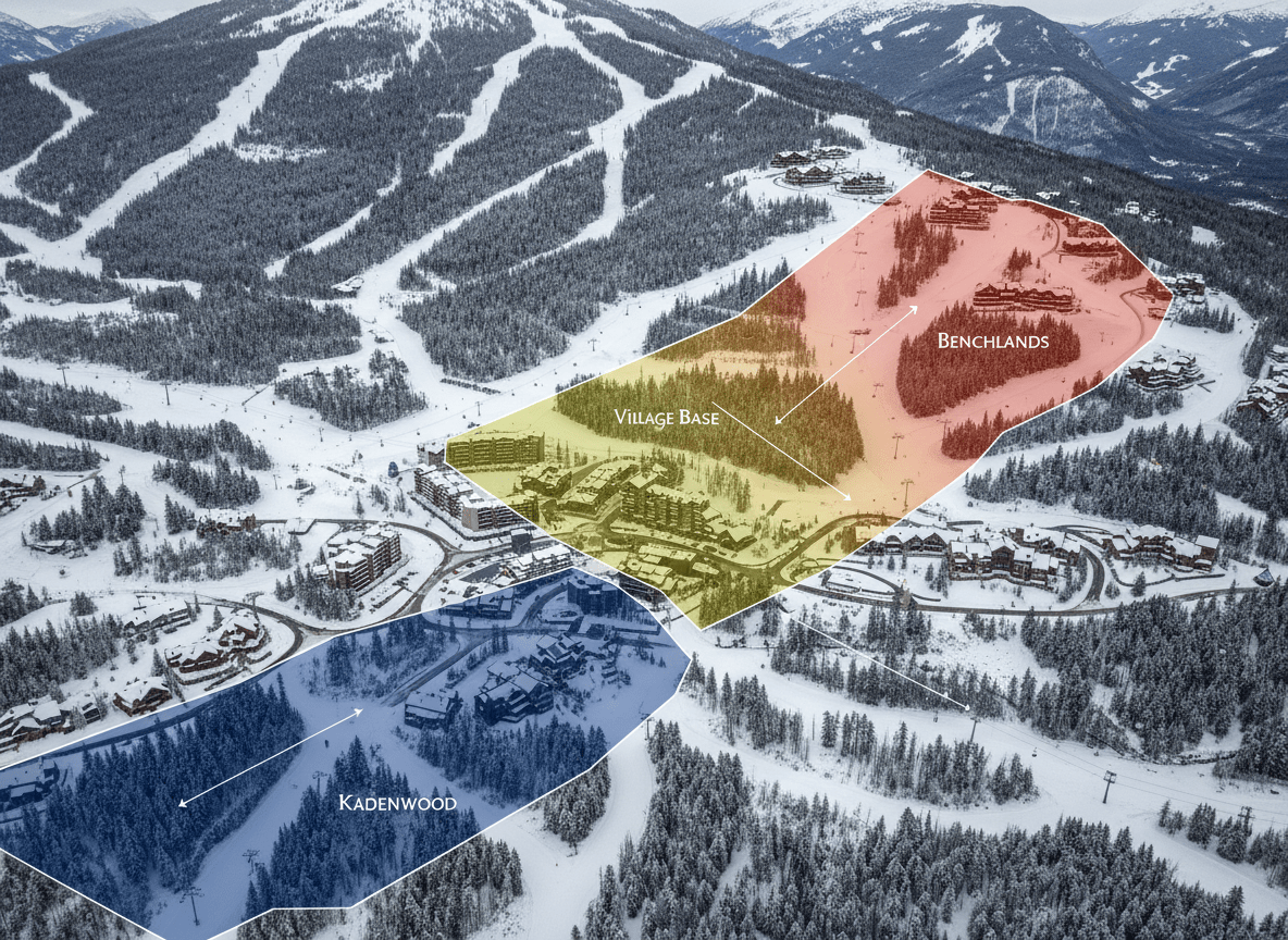 Map of Whistler luxury ski in ski out rental zones showing distance to lifts