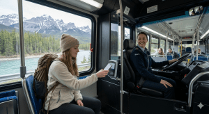 A Roam Transit bus on a scenic route in the Rockies, illustrating how budget travelers save money during the cheapest time to visit Banff.