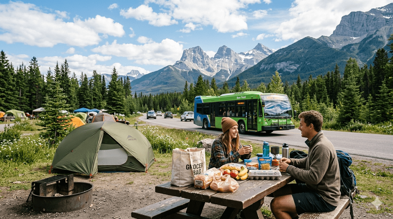 Banff trip cost on a budget shown by campers at a simple campsite using Roam Transit and basic groceries